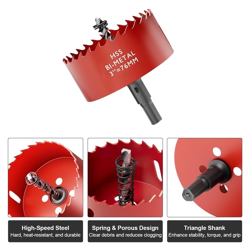 FIVELAKE 3" (76mm) Bi-Metal M42 High Speed Steel Hole Saw with Pilot Drill Bit, Smooth Cutting Edge for PVC, Drywall, Wood, Plastic, Gypsum Board, Rubber, Thin Metal - Image 2